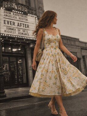 Oasis White Yellow Floral Fit Flare Midi Dress Medium Retro Summer Sundress 90s!